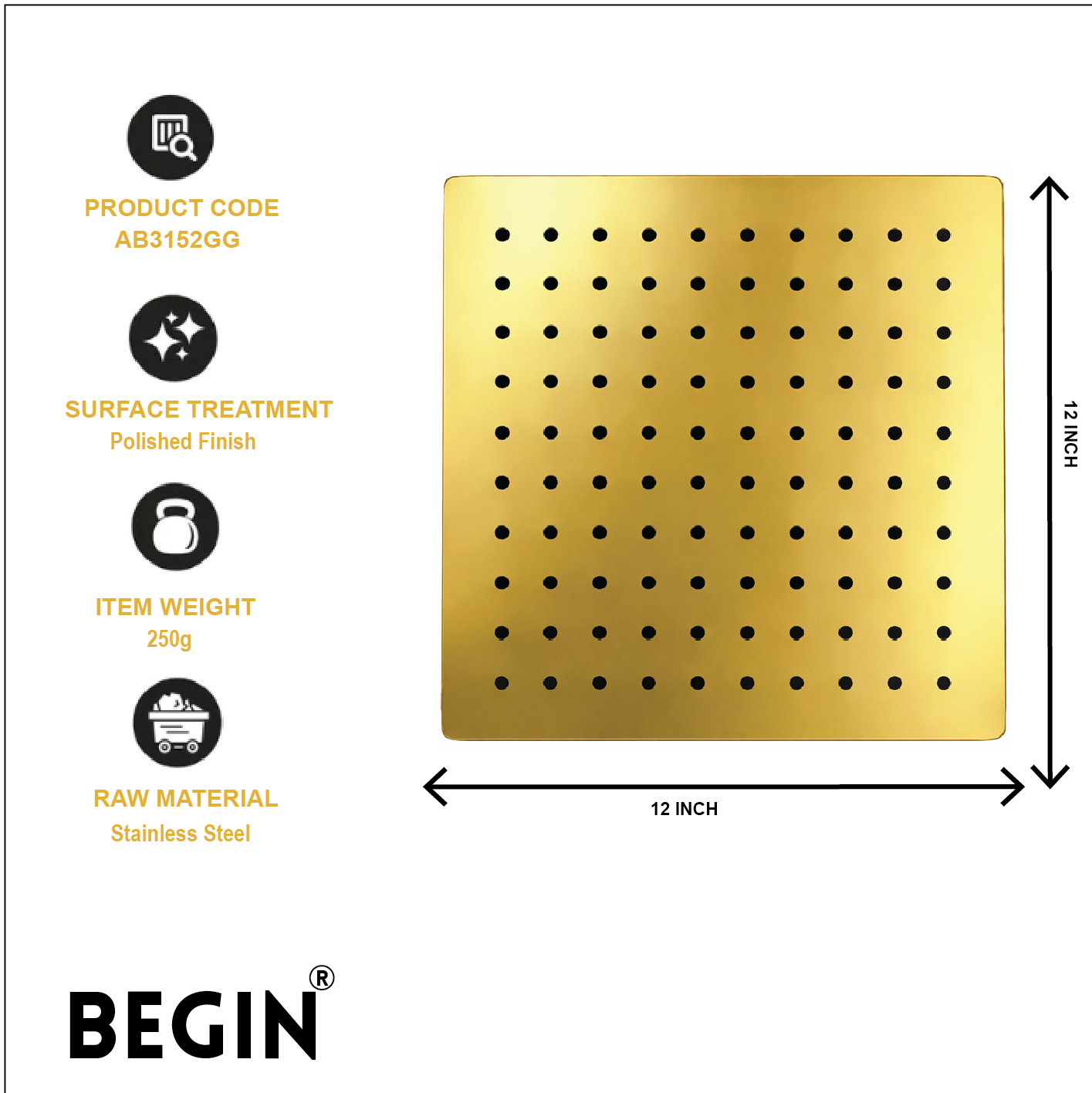 Gold Glossy Overhead Shower 12x12 AB3152GG – Begin Faucets - Image 3