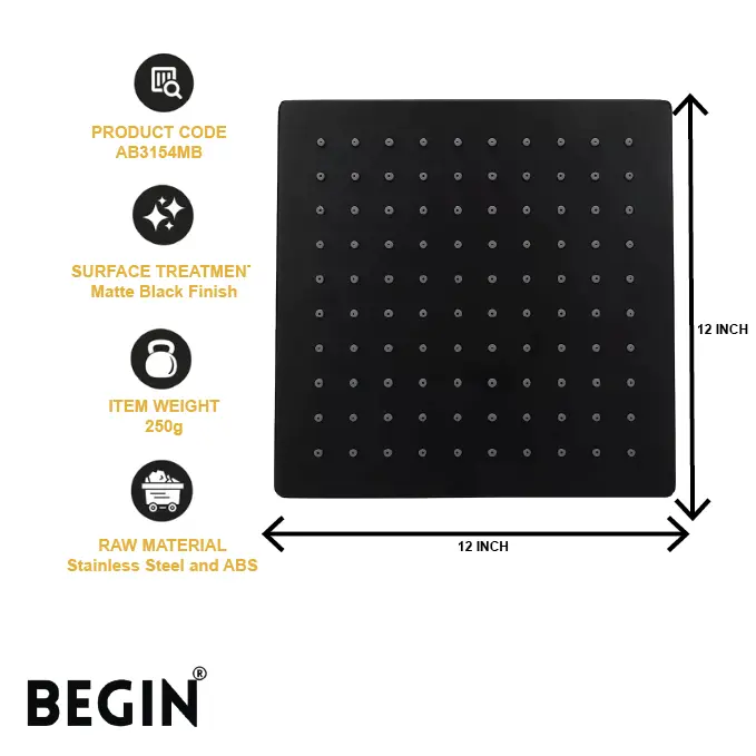 Matte Black Overhead Shower 12x12 AB3154MB – Begin Faucets - Image 3