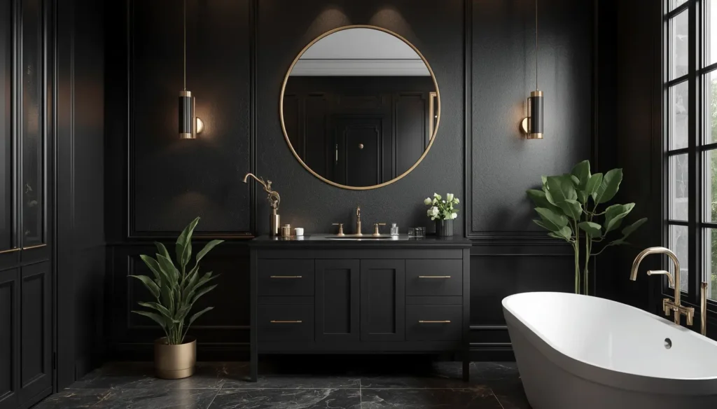 Black Bathroom with Gold Accents