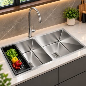 Handmade 304 Stainless Steel Double Bowl Kitchen Sink – 45×20×10 Inches