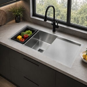 Handmade 304 Stainless Steel Single Bowl Kitchen Sink with Platform – 37×18×10 Inches